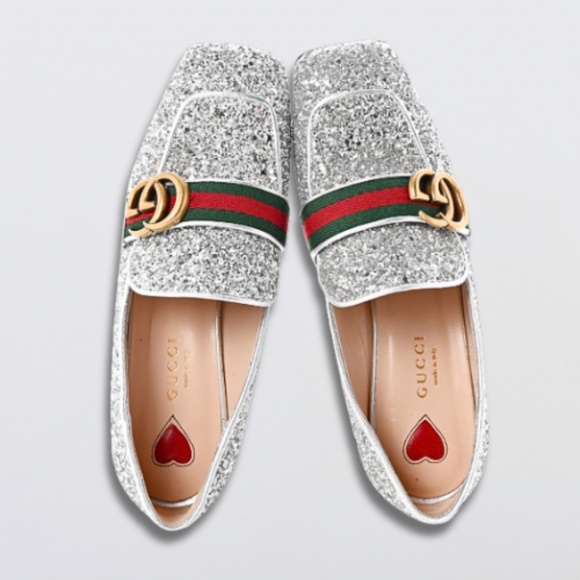 Gucci GG Marmont Web Peyton Loafers Coarse Glitter Metallic Silver Women’s US 35 - Picture 12 of 15